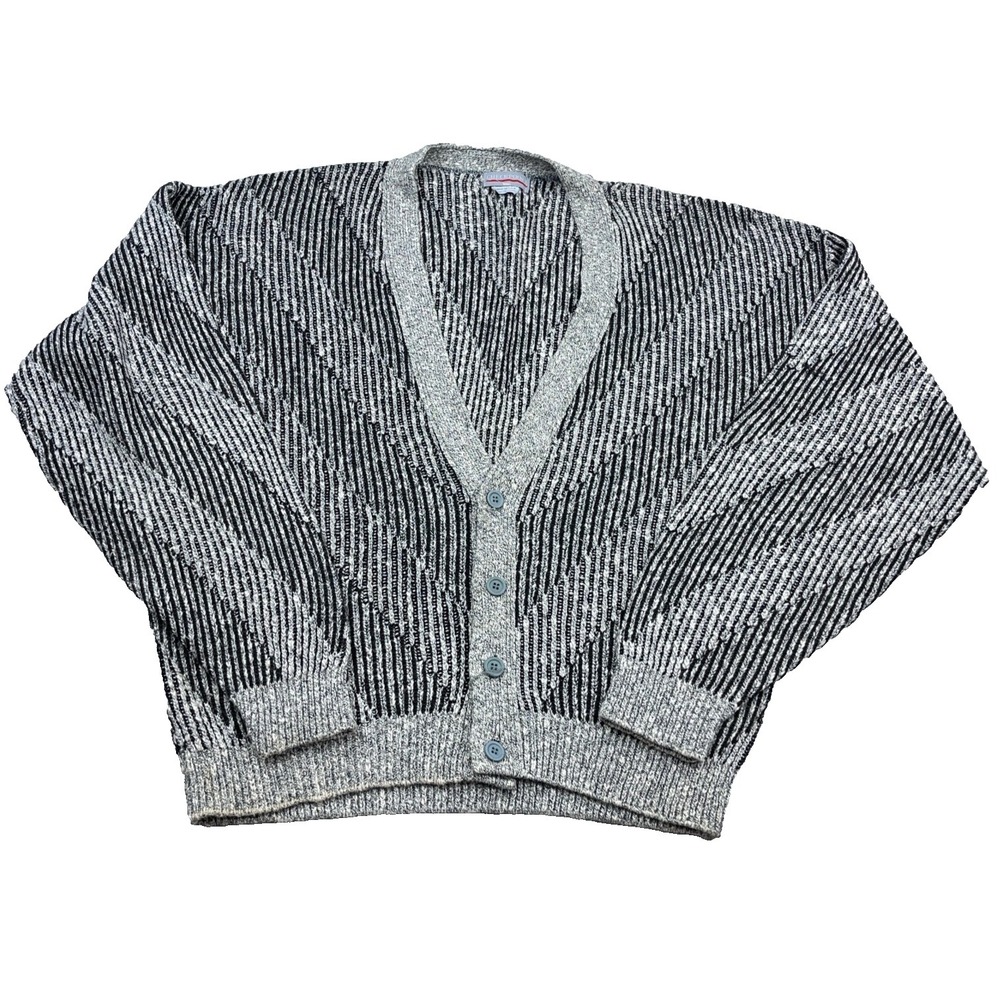 Vintage Grandpa Sweater Men XL Gray Cardigan 90s Y2K Cosby Biggie Made USA Knit